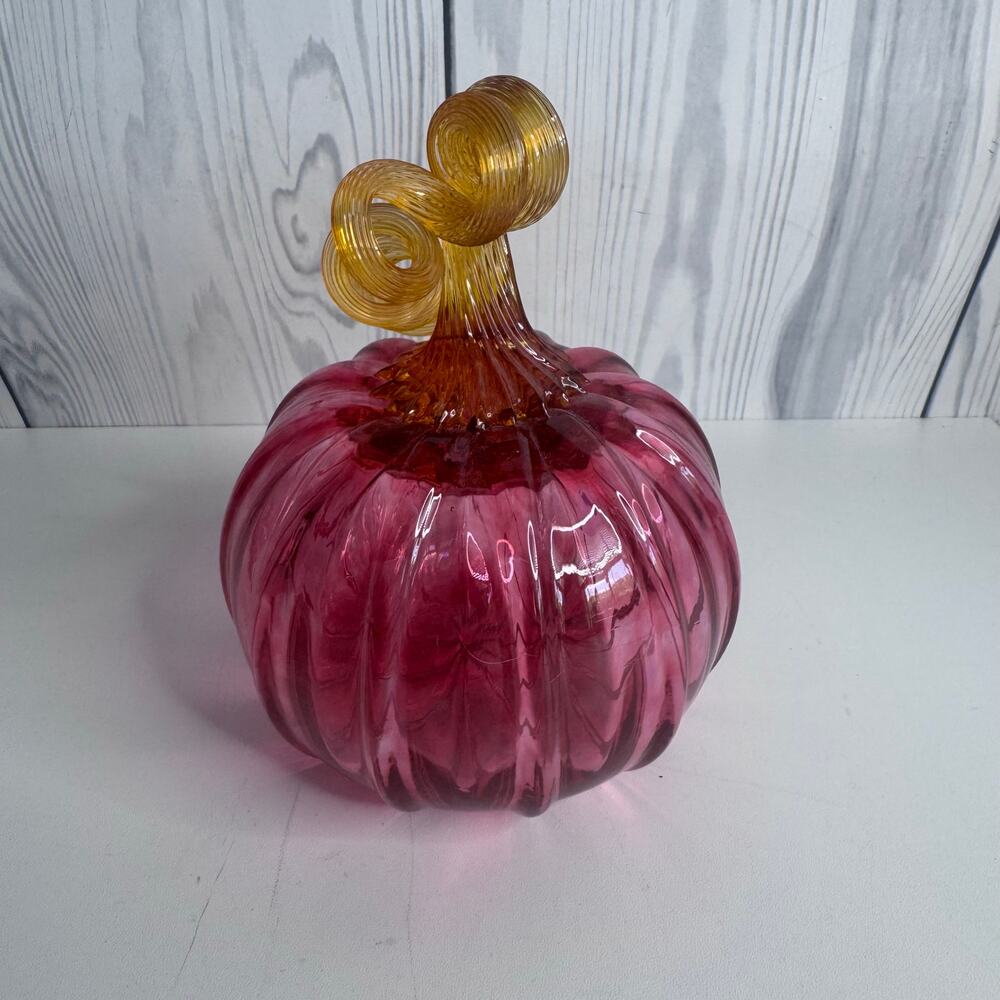 Hand Blown Art Glass Pink  Pumpkin Gourd With Vine Unsigned 5”